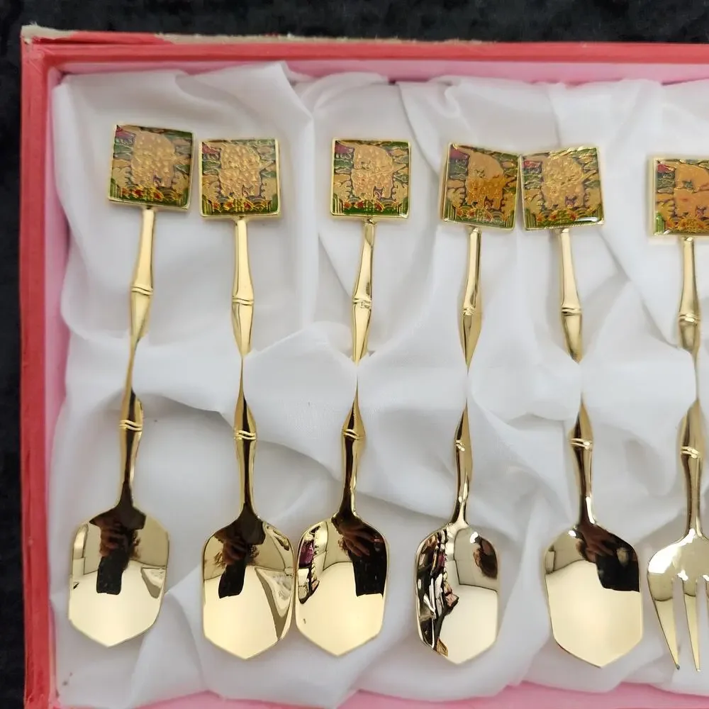 Korean 24k Gold Plated 10 Flatware Set-Folk Art Tiger Design Original Box